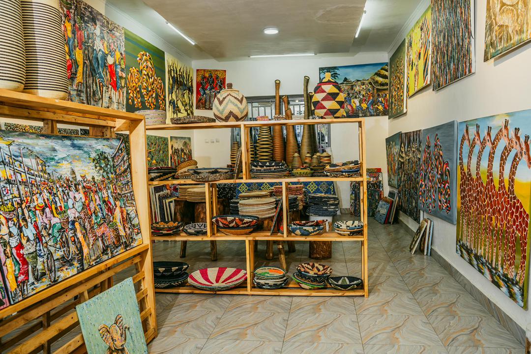 Rwandan baskets, carvings, and paintings on display inside the Volcano Arts Center shop.